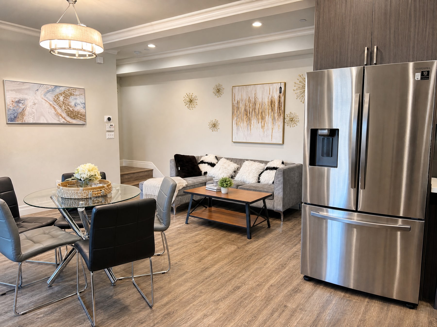 Dining and living area before and after vacation rental photo editing decision example