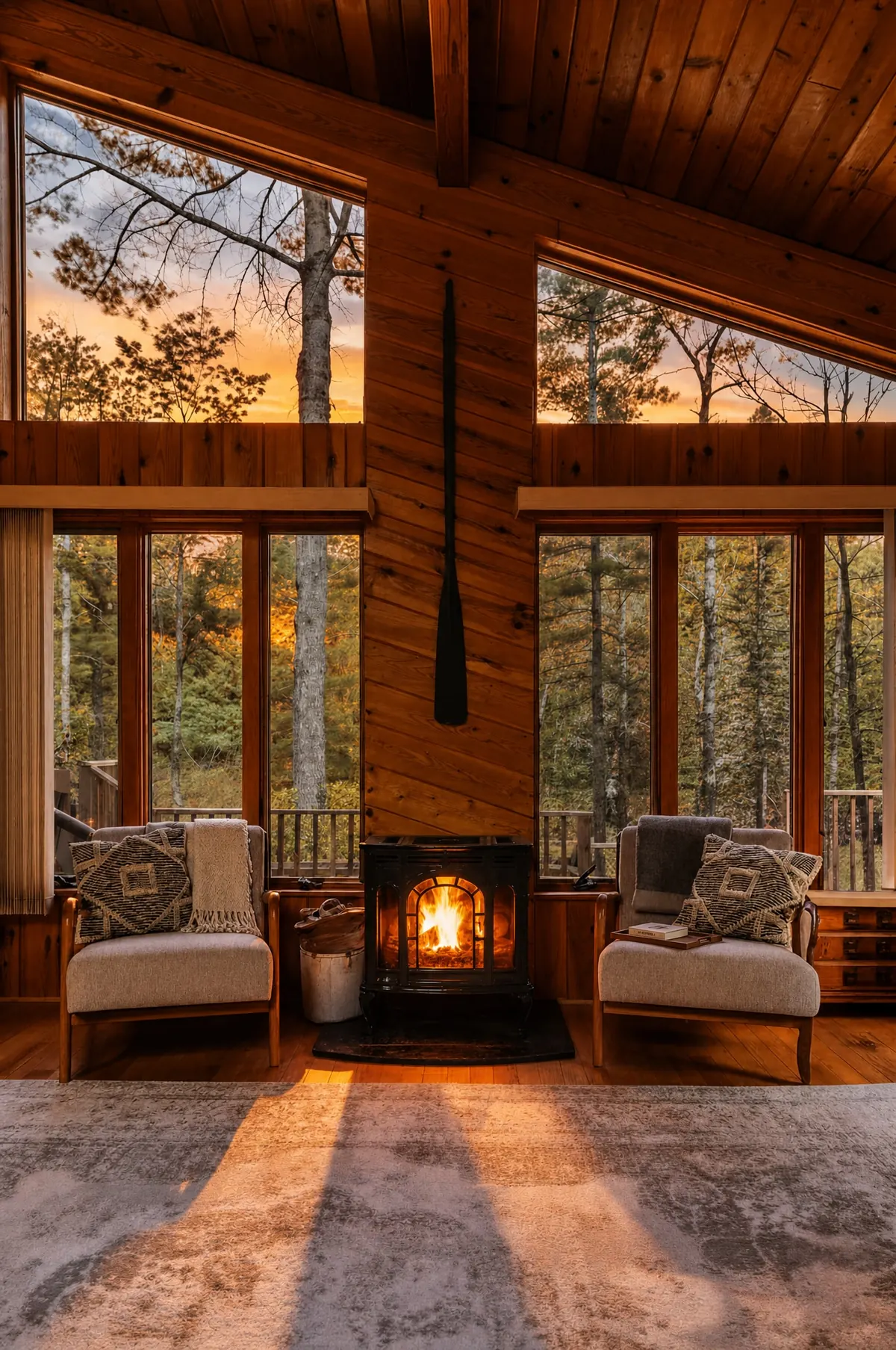 Serenity A-Frame fireplace room after a Heavy gallery refresh