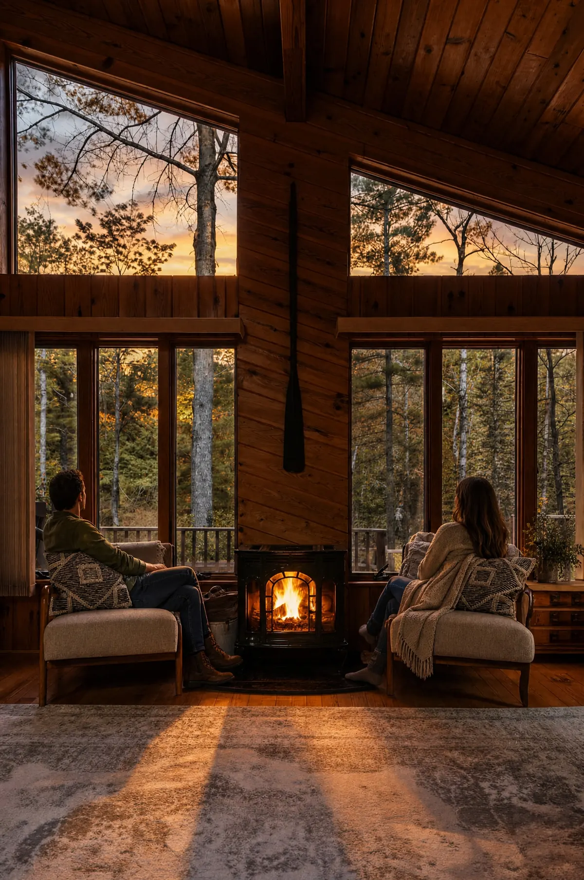 Serenity A-Frame fireplace seating area with two fictional adult guests added for a lifestyle concept
